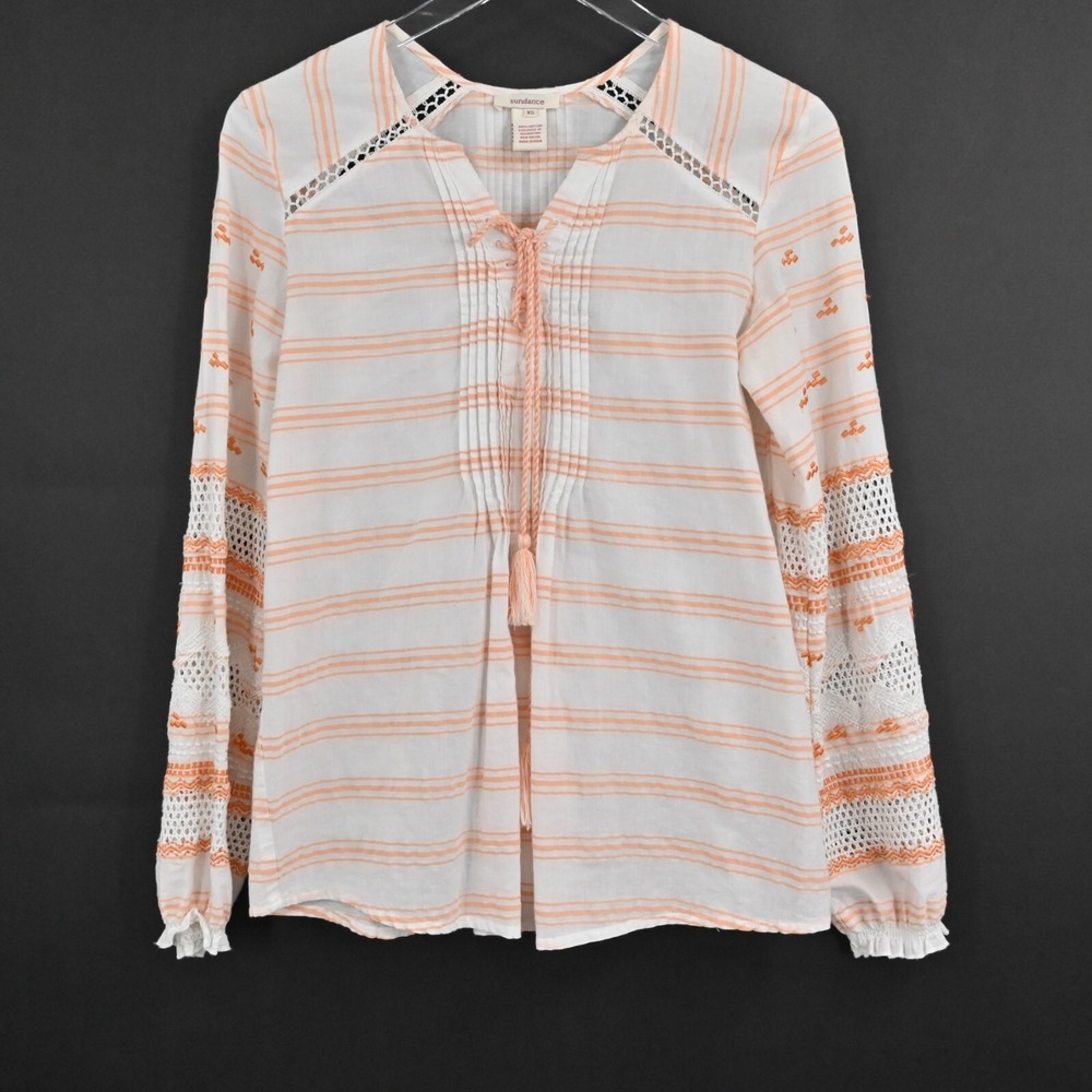 Sundance Sunset Stripes Top Womens Size XS Embroidered White Orange Boho Blouse